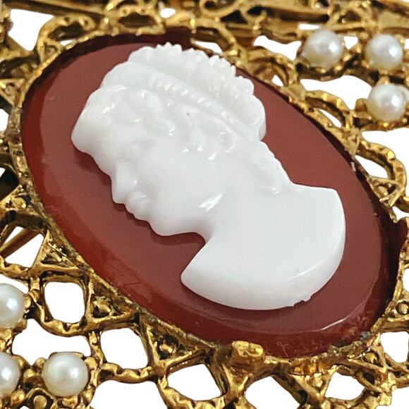 VTG Cameo Filigree Brooch Pendant Necklace Faux Pearl 60s 70s Victorian Revival - Picture 4 of 12